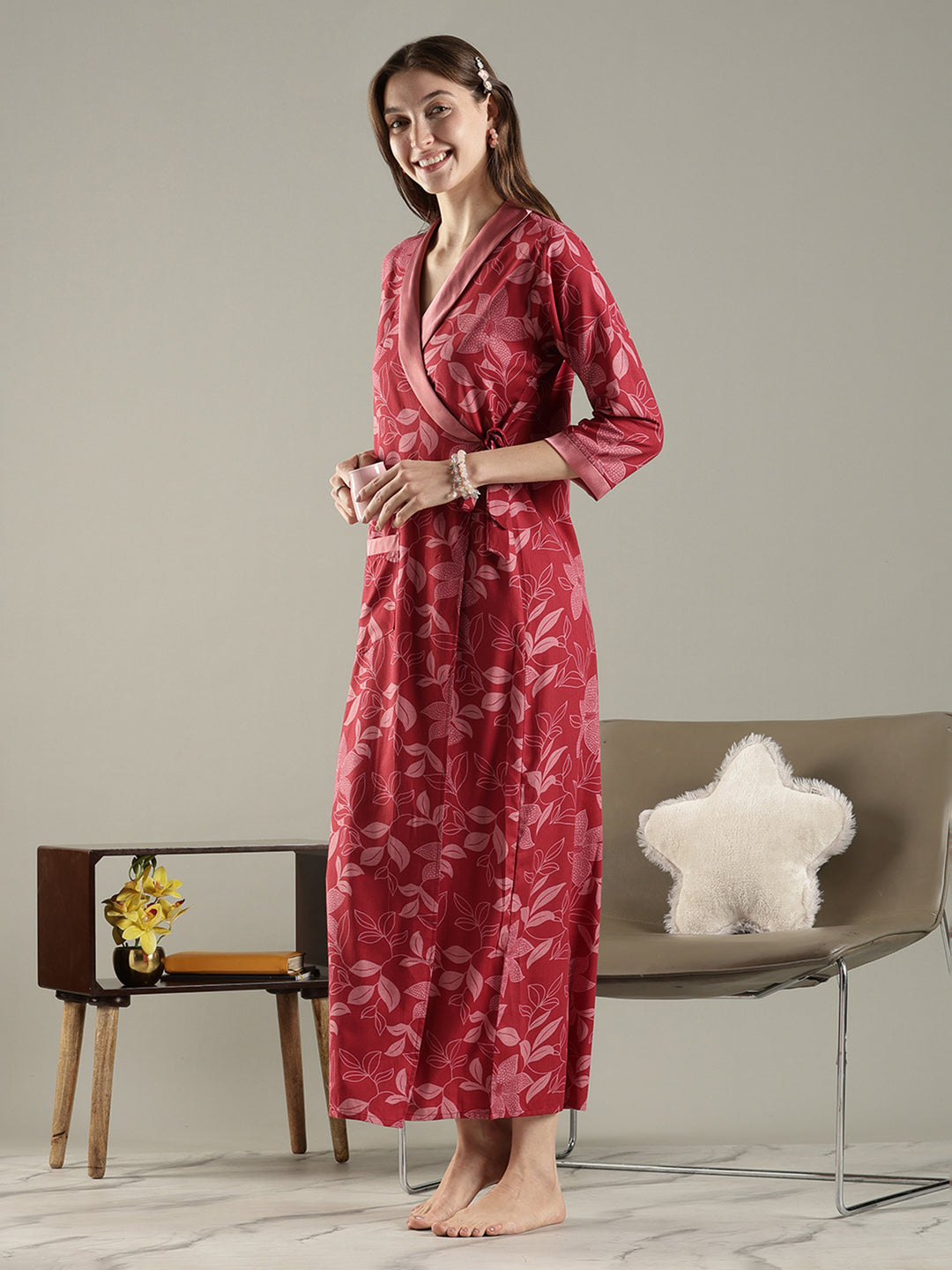 Brick red floral wrap house coat for women in soft viscose blend