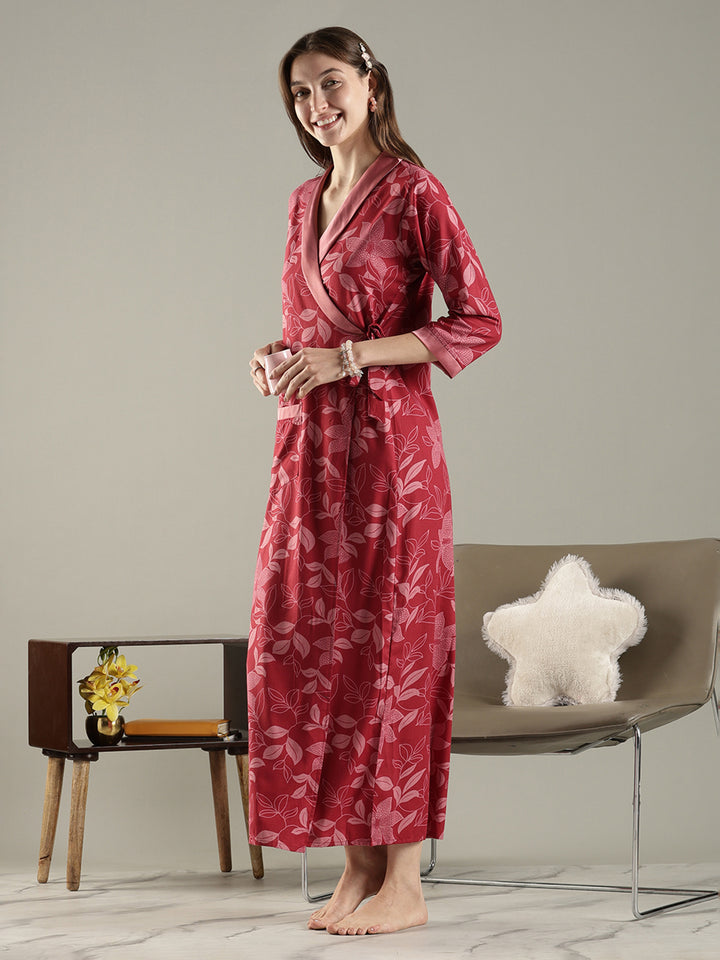 Brick red floral wrap house coat for women in soft viscose blend