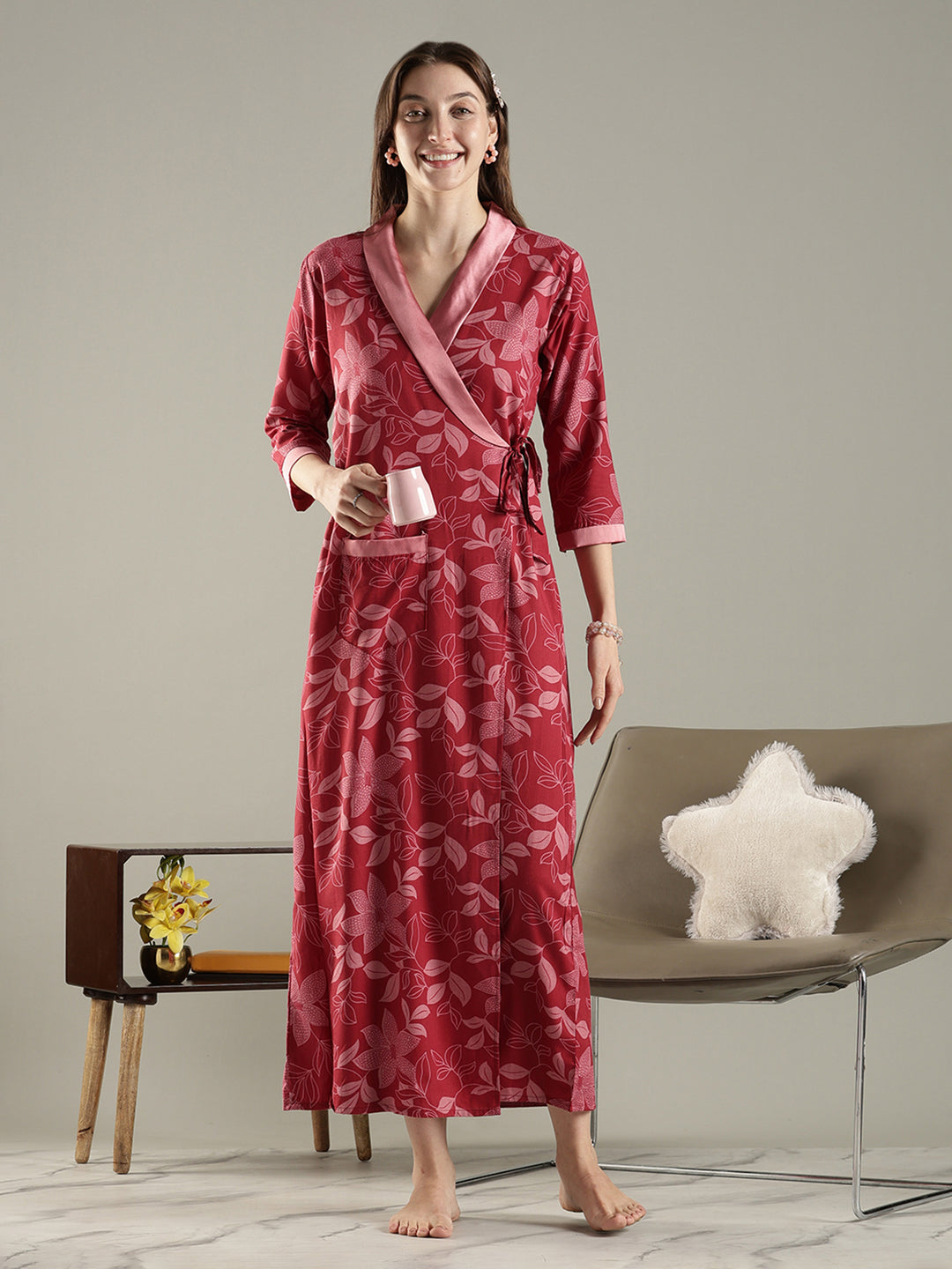 Brick red floral wrap house coat for women in soft viscose blend
