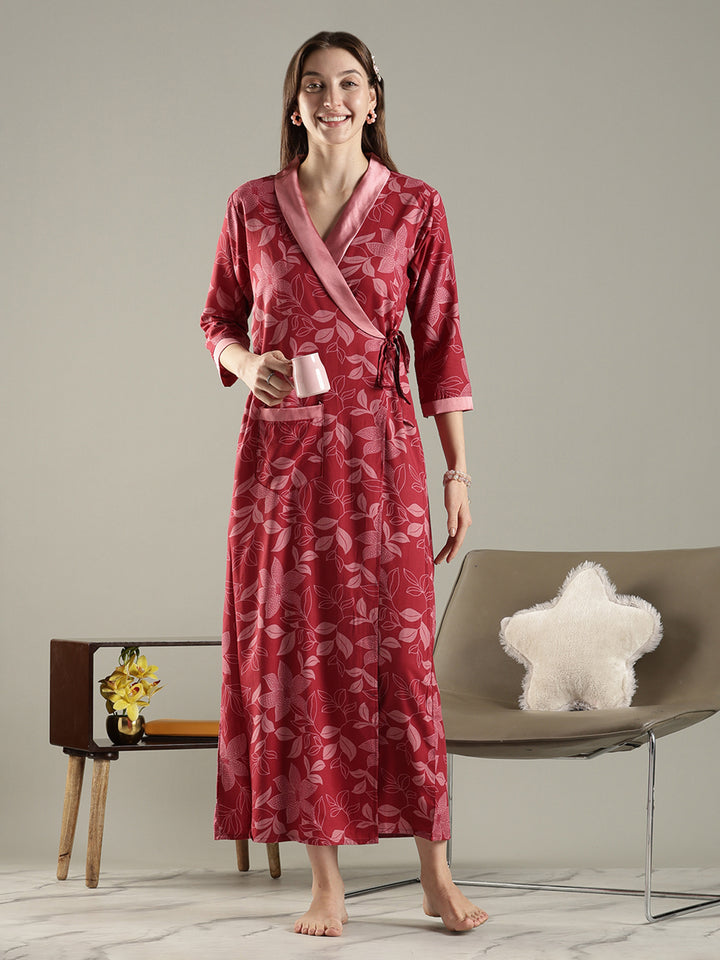 Brick red floral wrap house coat for women in soft viscose blend