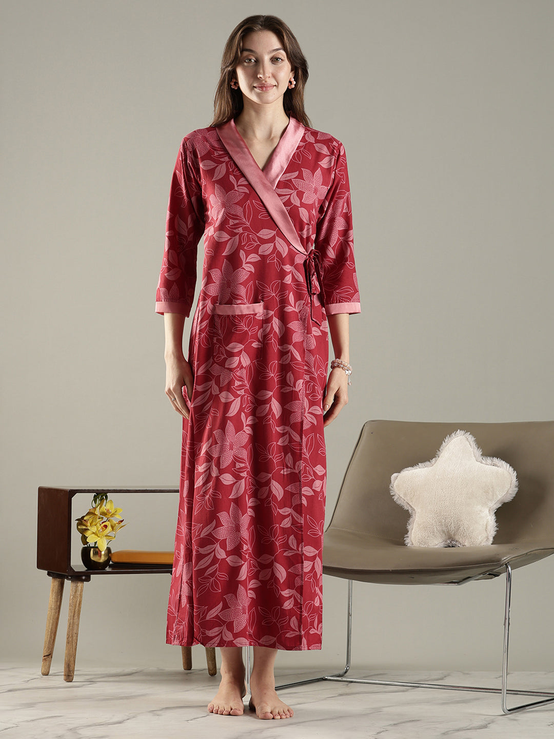 Brick red floral wrap house coat for women in soft viscose blend