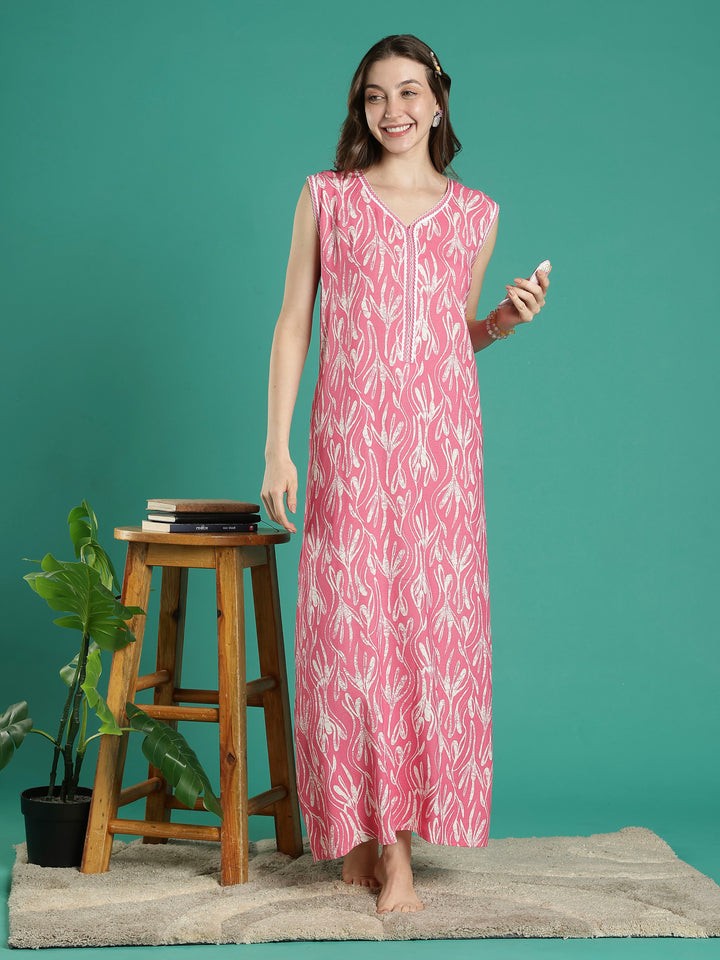 Bright pink floral alpine sleeveless night dress for women