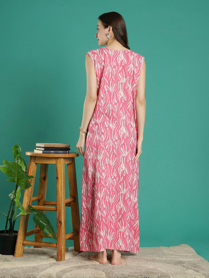 Bright pink floral alpine sleeveless night dress for women