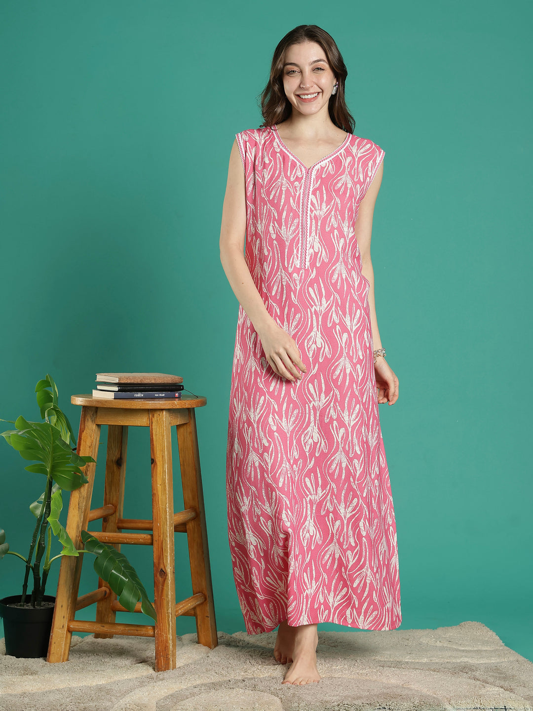 Bright pink floral alpine sleeveless night dress for women