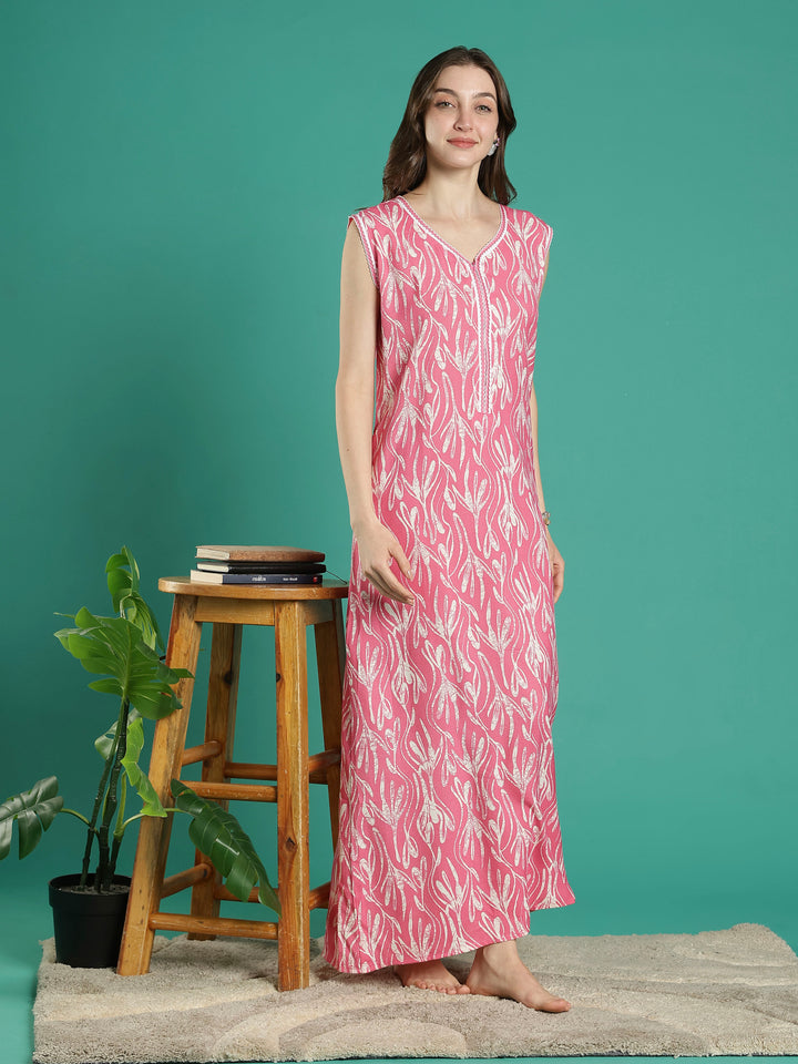 Bright pink floral alpine sleeveless night dress for women