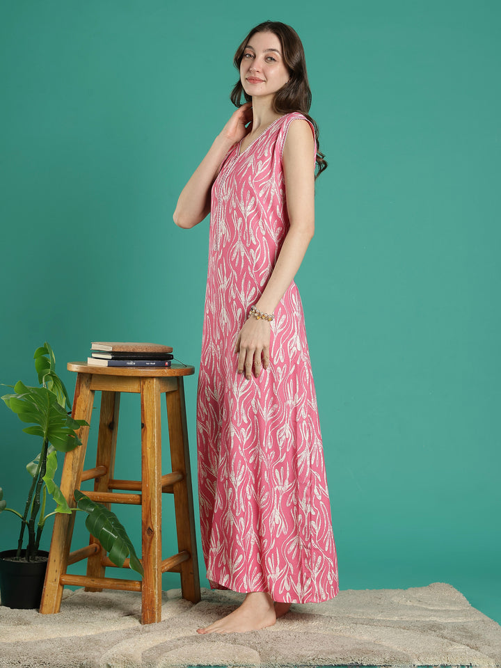 Bright pink floral alpine sleeveless night dress for women