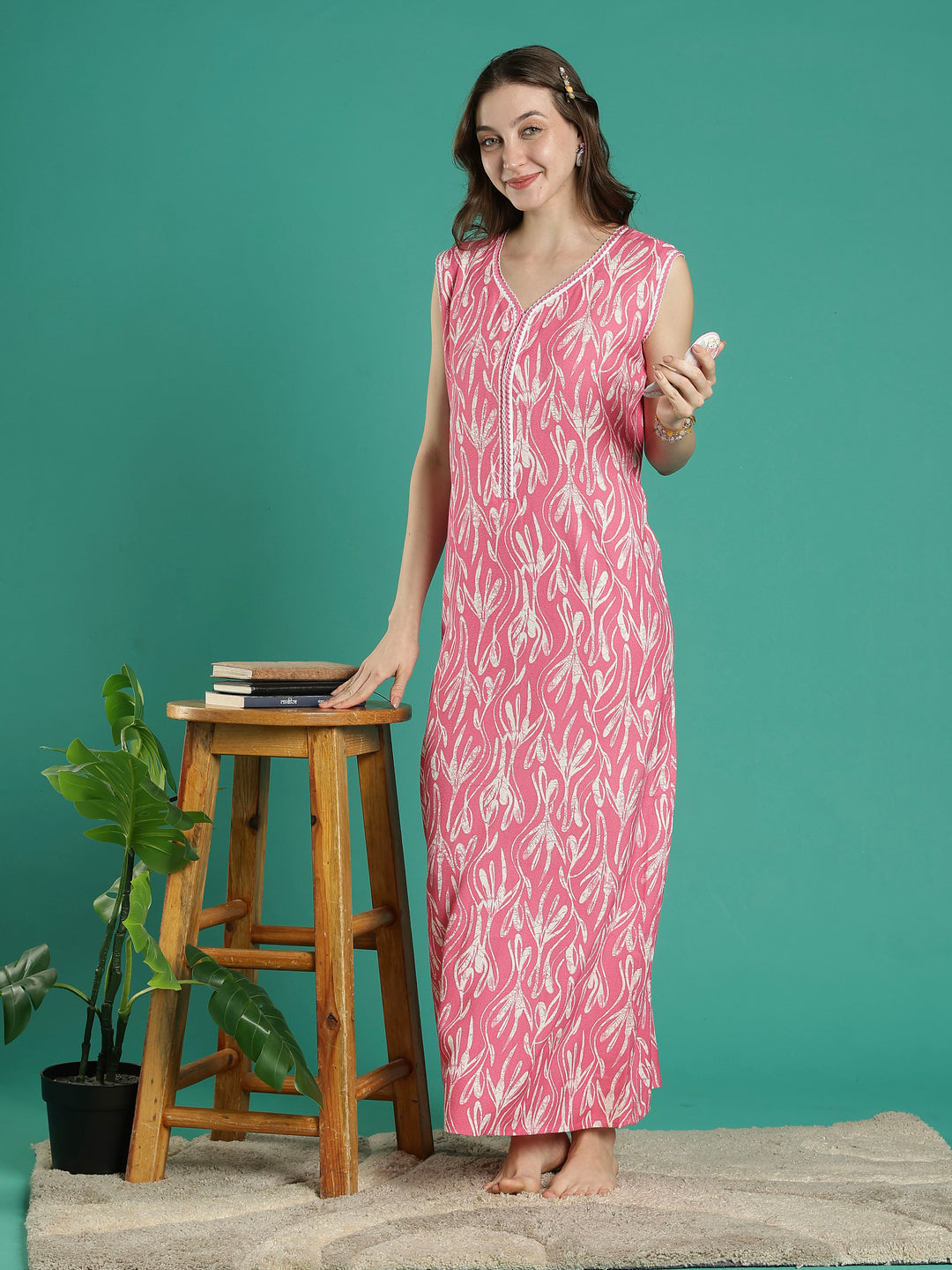 Bright pink floral alpine sleeveless night dress for women