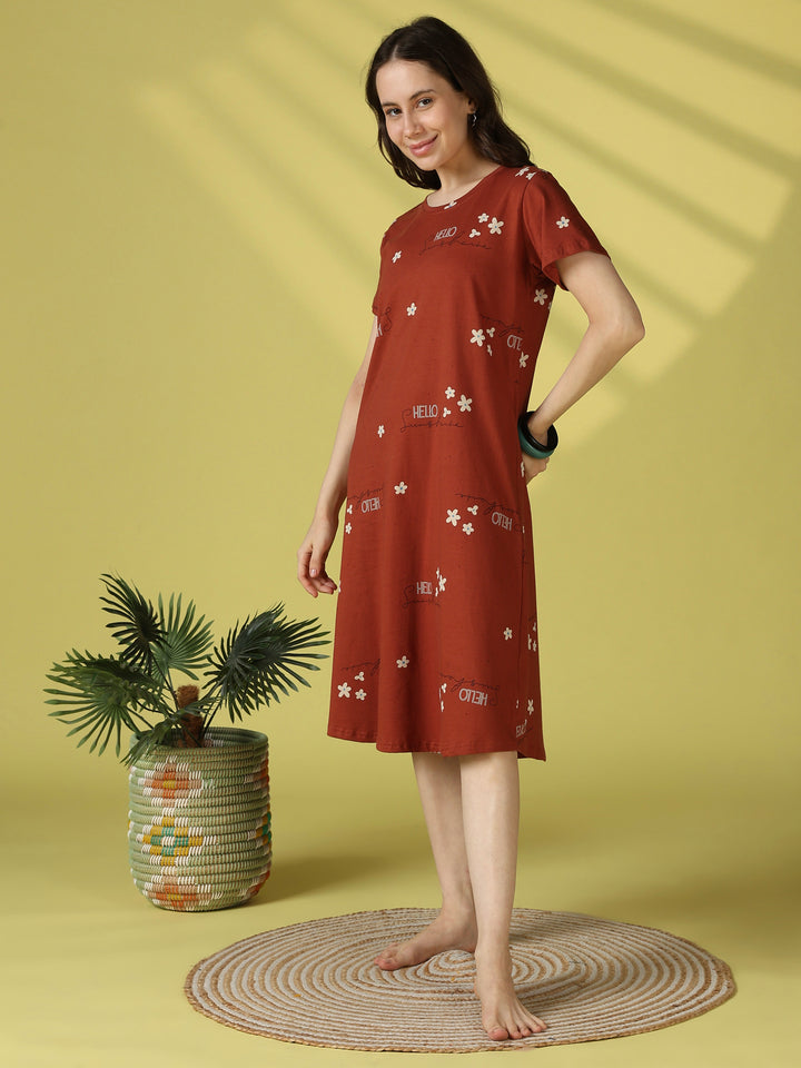 Brown floral hosiery cotton short nighty for women online