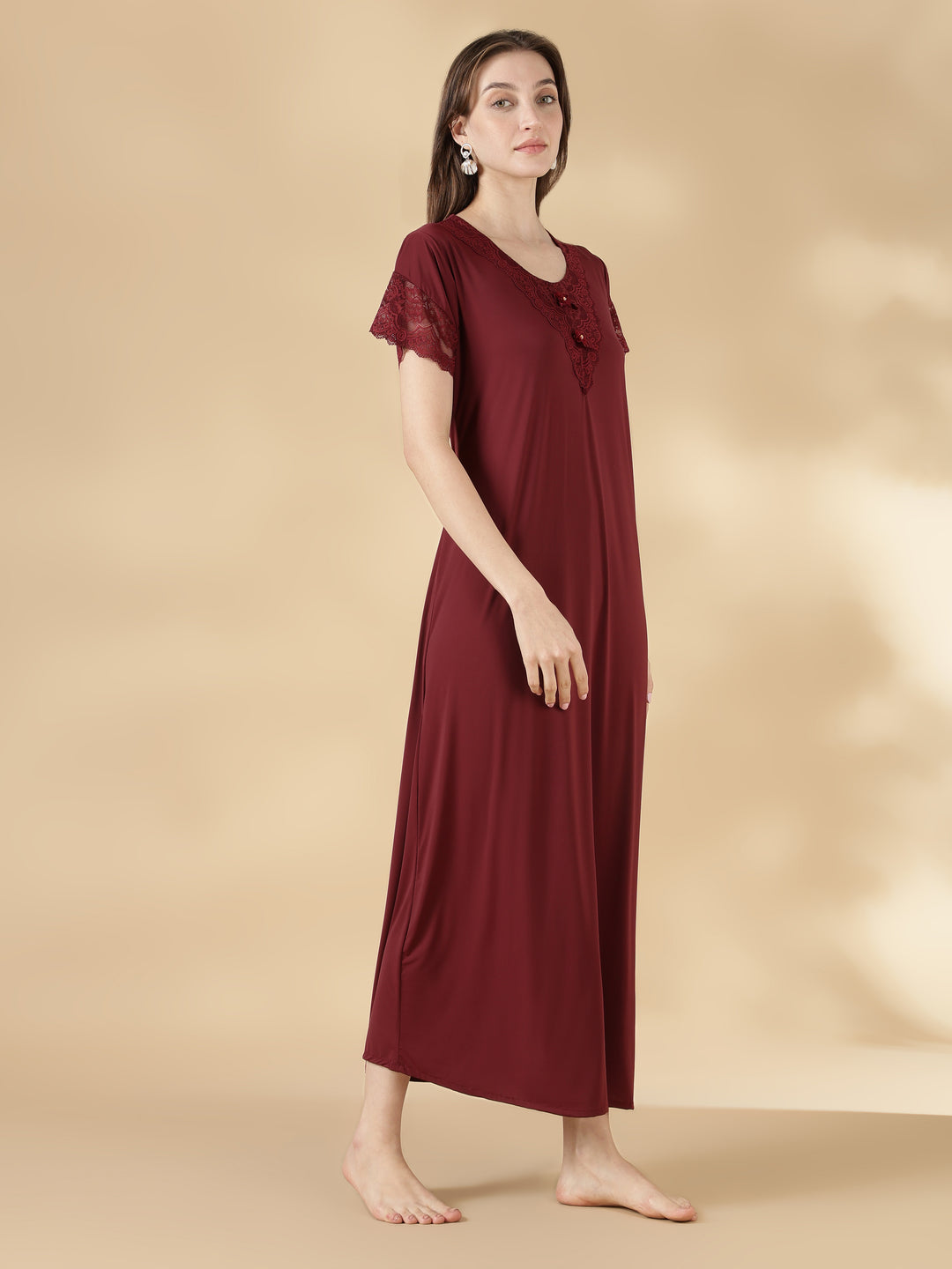Malai lace modern nighty for women In burgundy