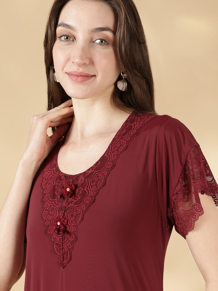 Malai lace modern nighty for women In burgundy