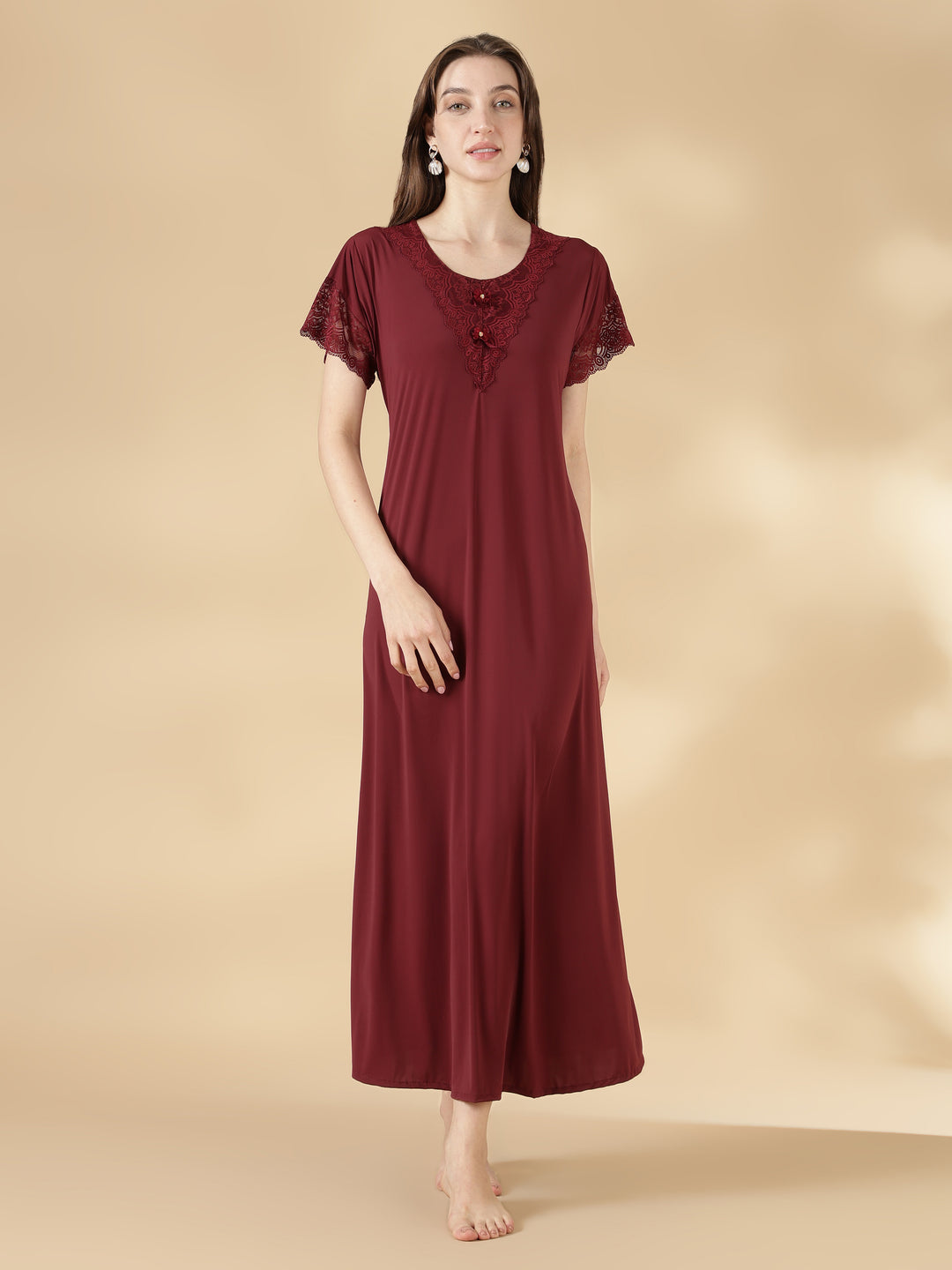 Malai lace modern nighty for women In burgundy