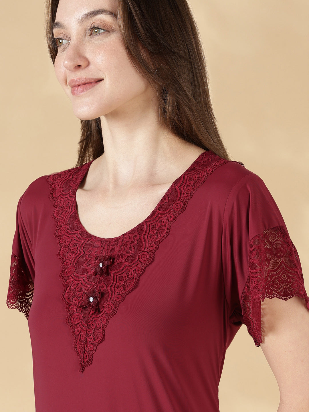 Comfortable malai lace nightwear for women in burgundy