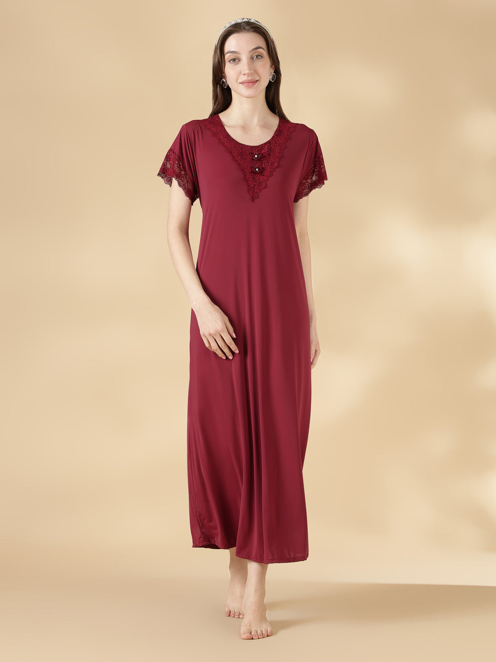 Comfortable malai lace nightwear for women in burgundy