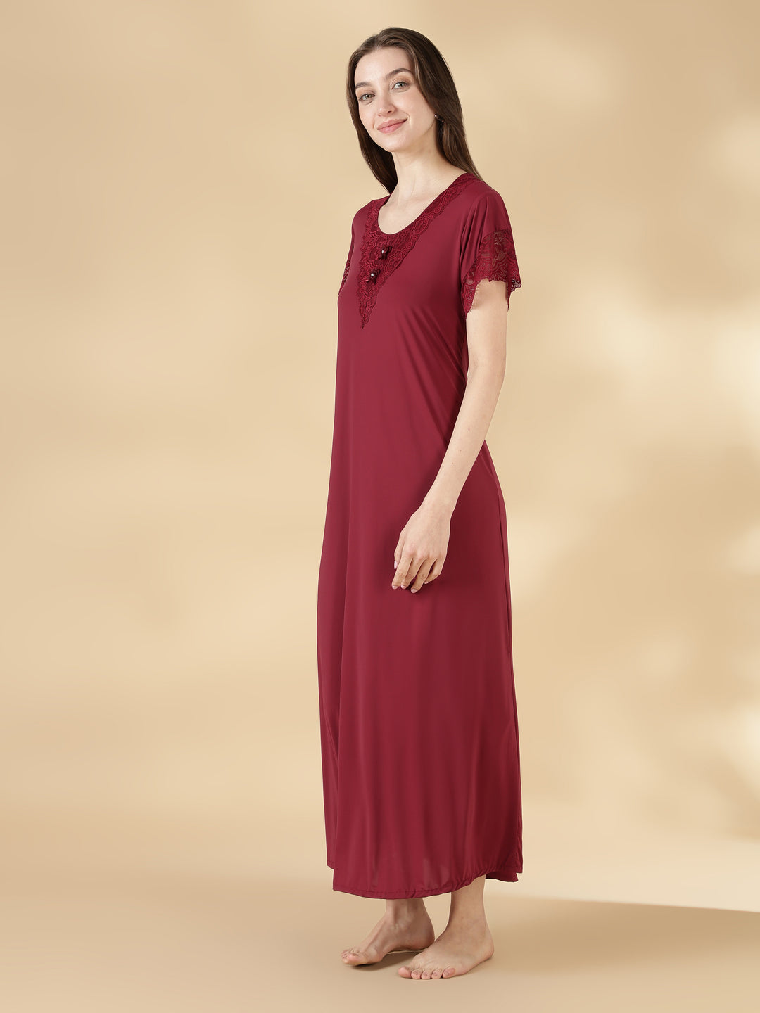Comfortable malai lace nightwear for women in burgundy