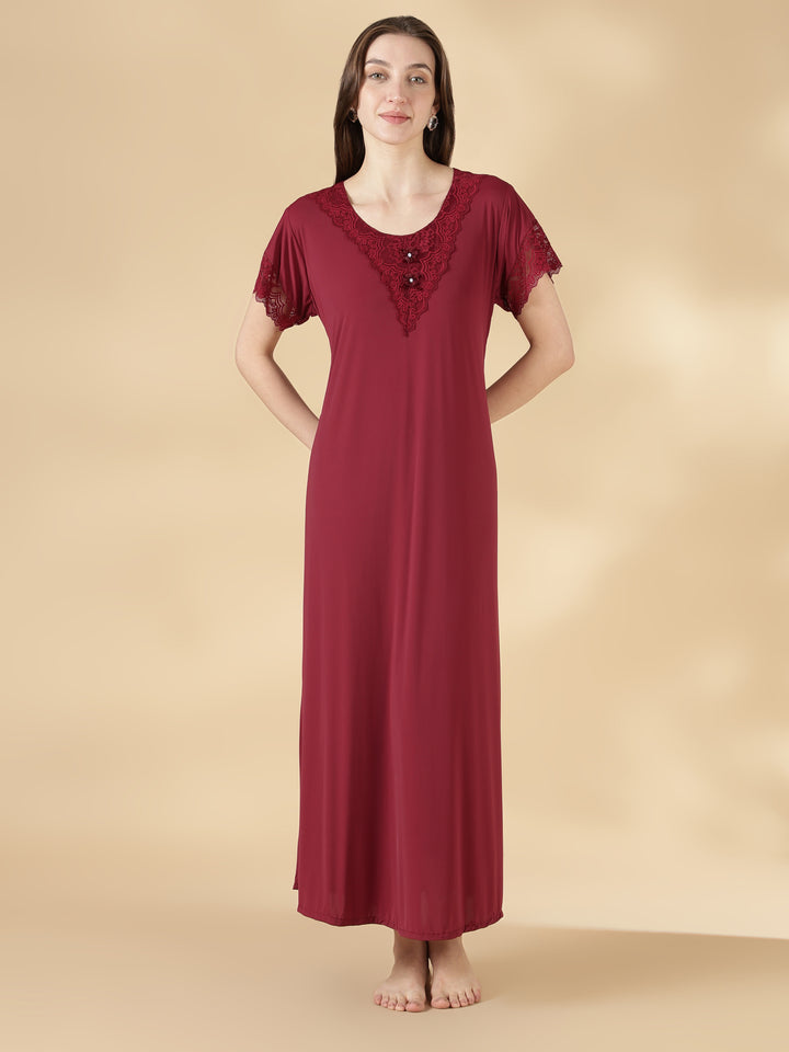 Comfortable malai lace nightwear for women in burgundy