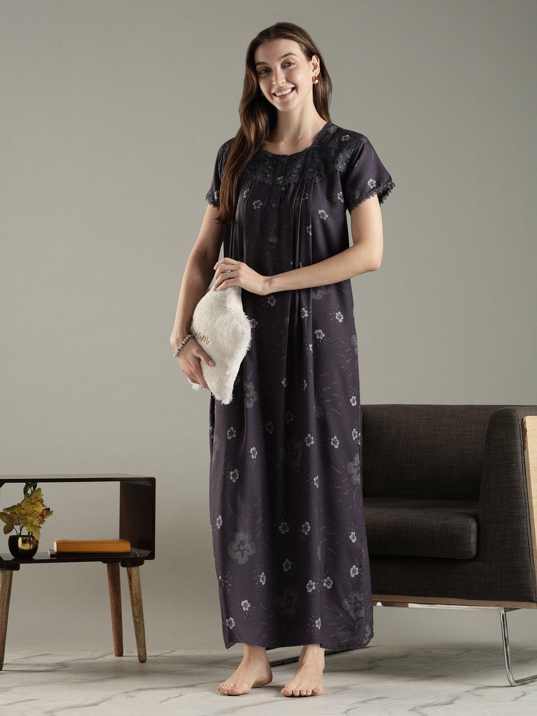 Charcoal black alpine floral pleated best Indian nightwear for women