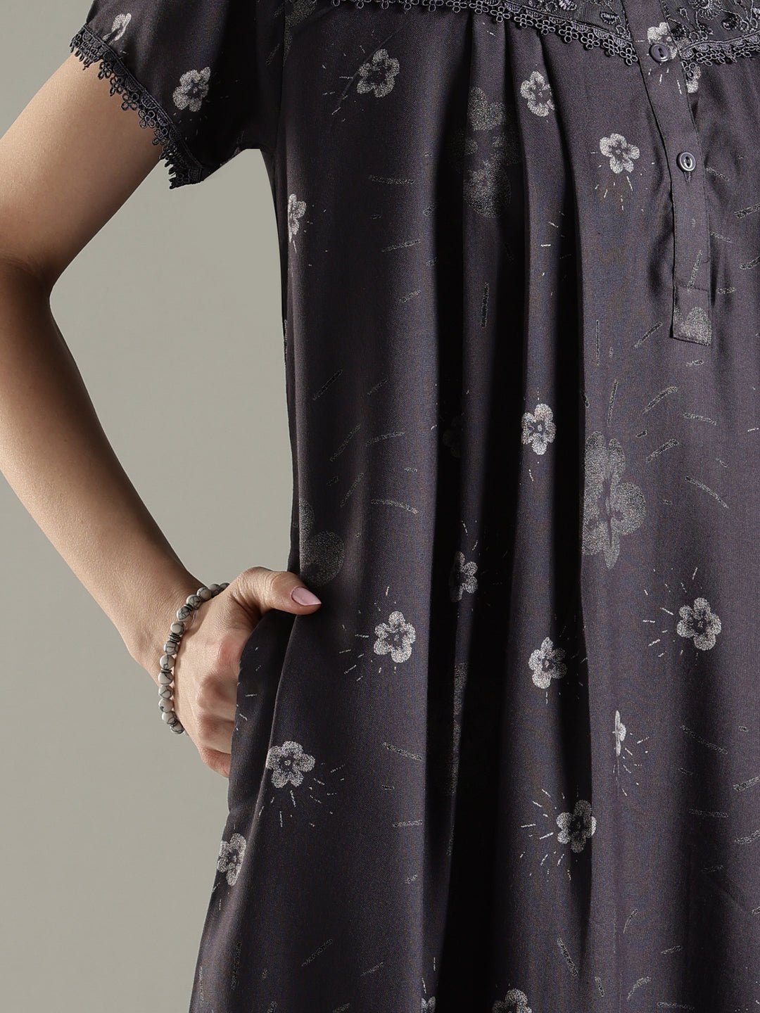 Charcoal black alpine floral pleated best Indian nightwear for women