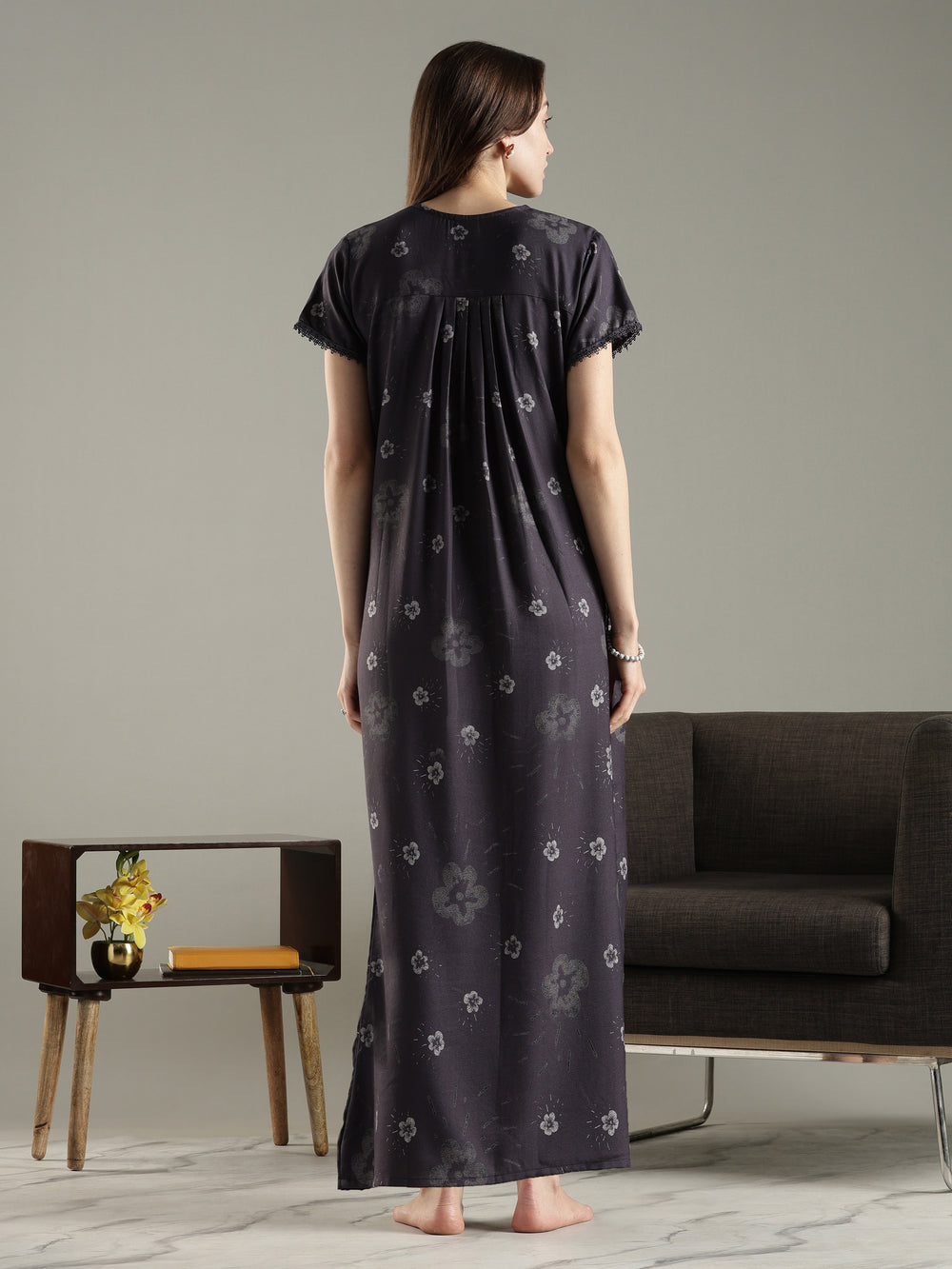 Charcoal black alpine floral pleated best Indian nightwear for women