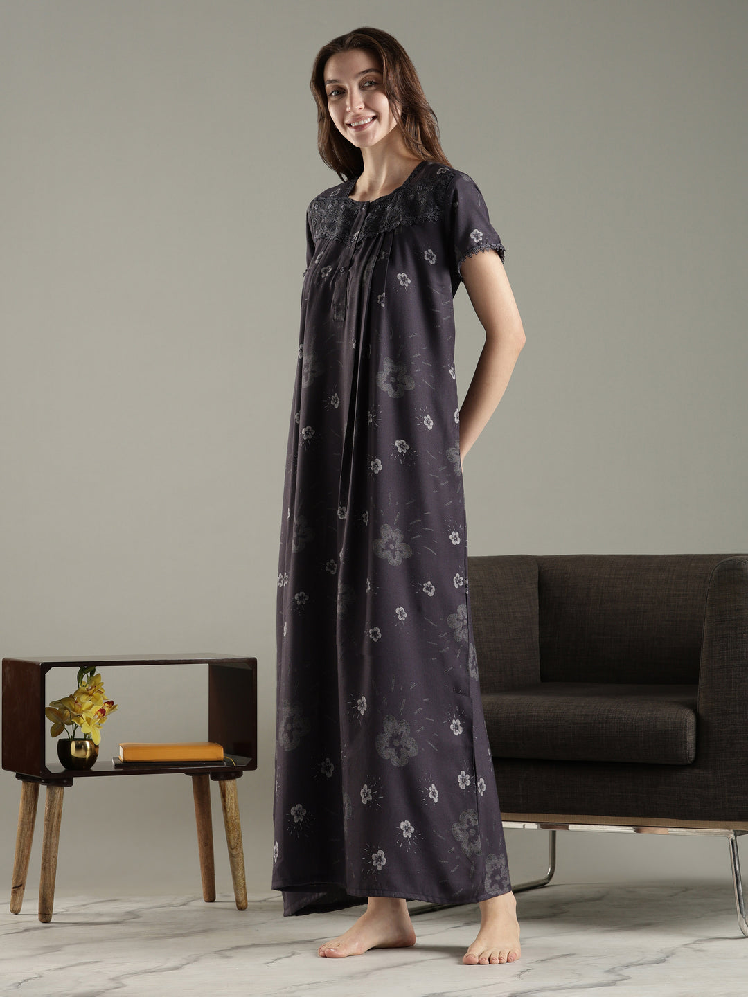 Charcoal black alpine floral pleated best Indian nightwear for women