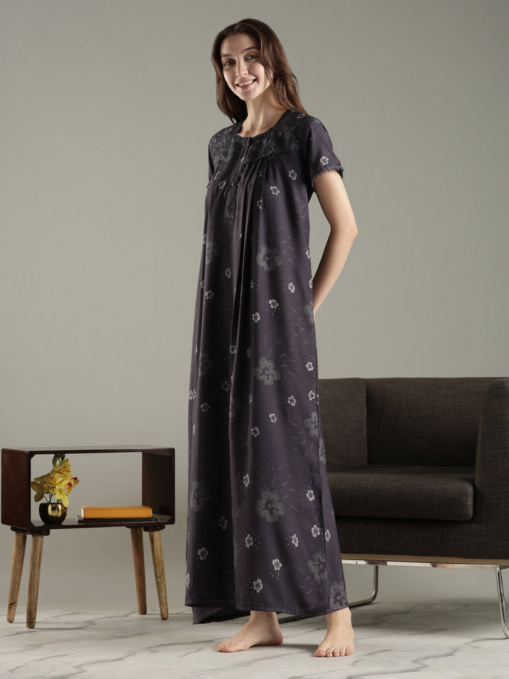 Charcoal black alpine floral pleated best Indian nightwear for women