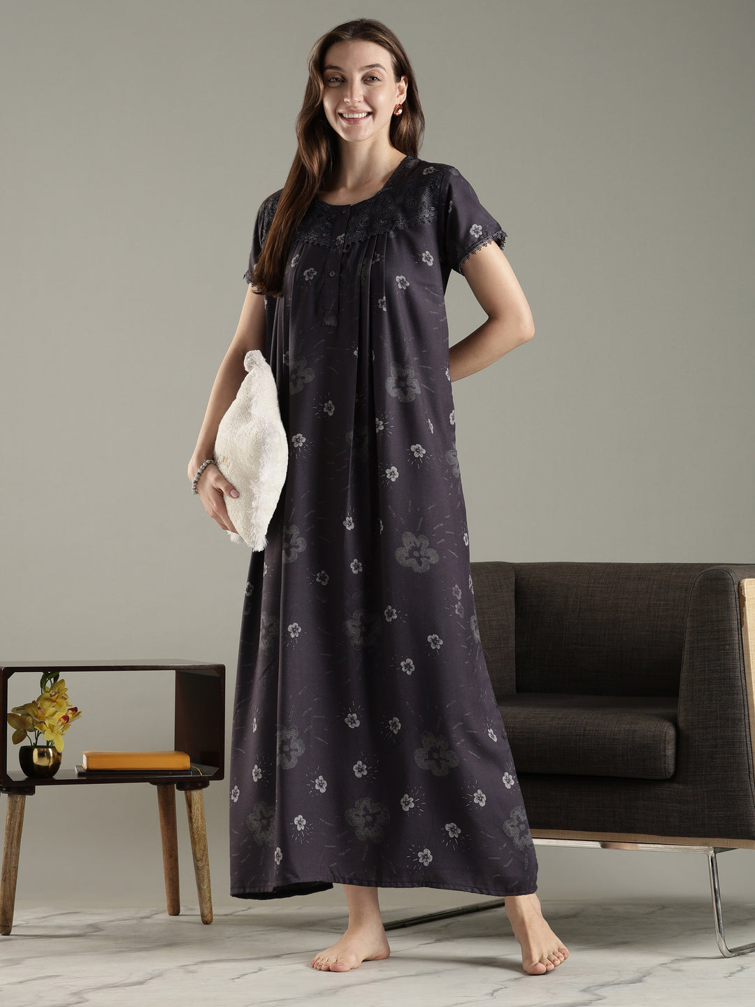 Charcoal black alpine floral pleated best Indian nightwear for women