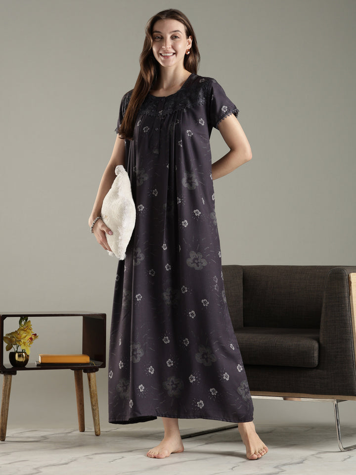 Charcoal black alpine floral pleated best Indian nightwear for women