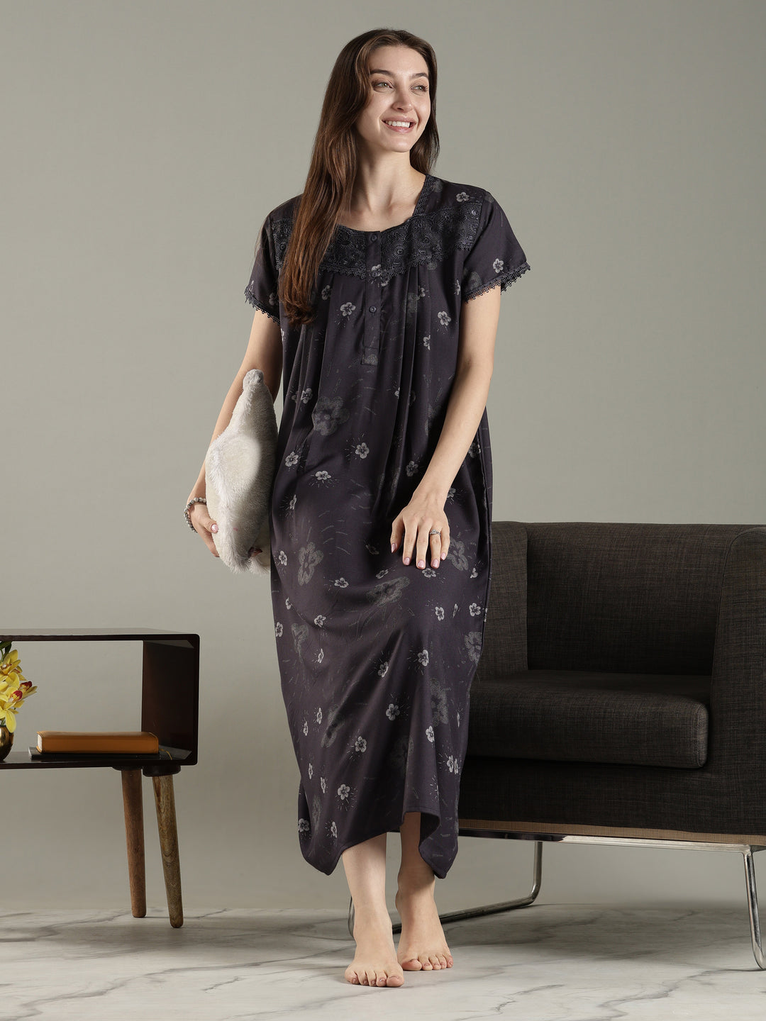Charcoal black alpine floral pleated best Indian nightwear for women