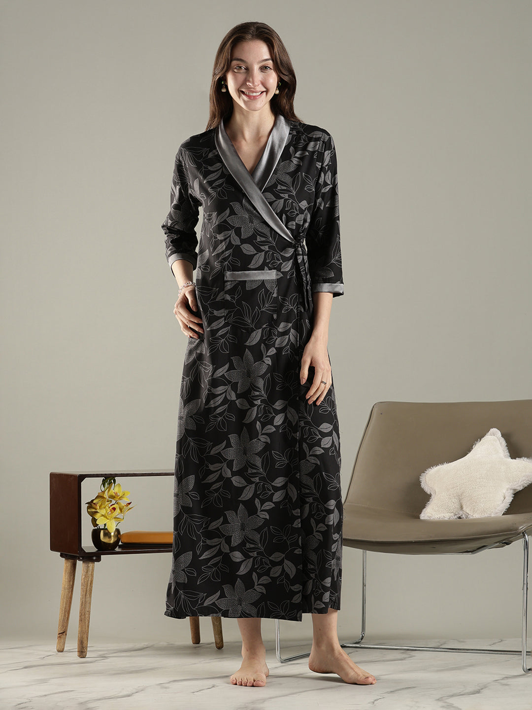 Viscose fabric wrap style charcoal black womens house coat