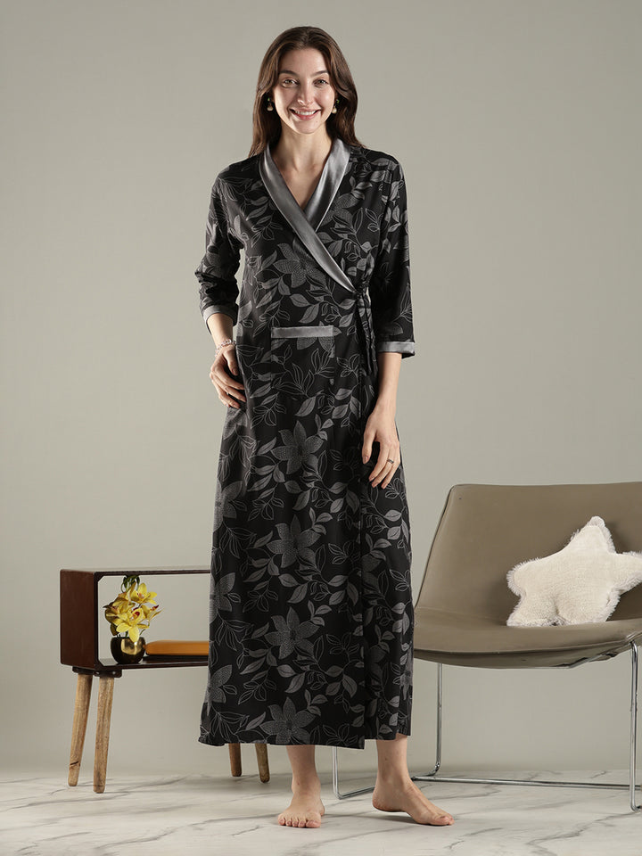 Viscose fabric wrap style charcoal black womens house coat