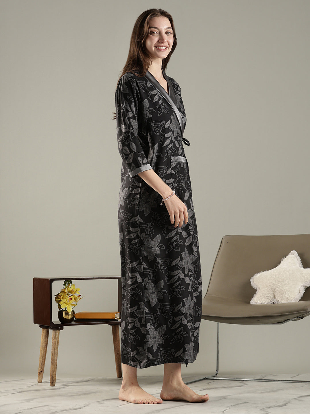 Viscose fabric wrap style charcoal black womens house coat