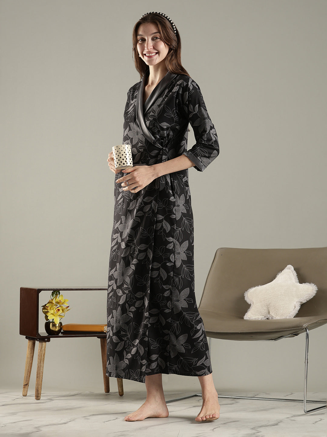 Viscose fabric wrap style charcoal black womens house coat