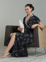Prussian Blue Viscose Blend Housecoat with Floral Sketch Print for Women