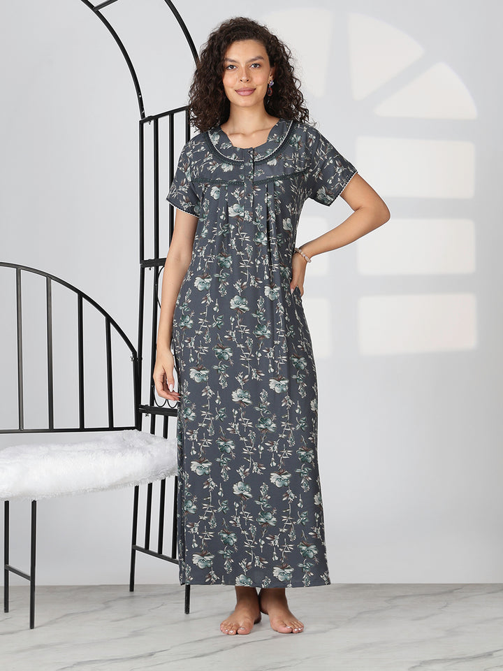 Charcoal grey alpine floral summer nighty for women with short sleeves