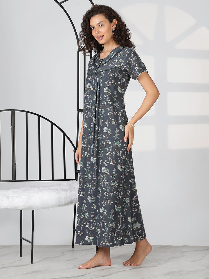 Charcoal grey alpine floral summer nighty for women with short sleeves