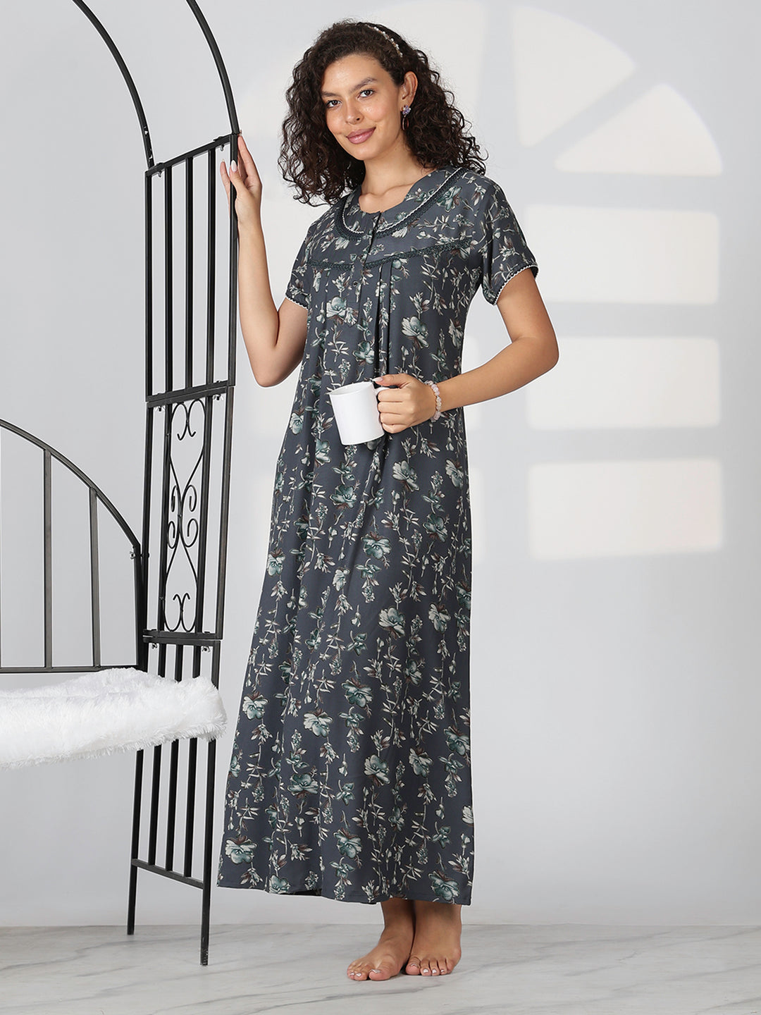 Charcoal grey alpine floral summer nighty for women with short sleeves