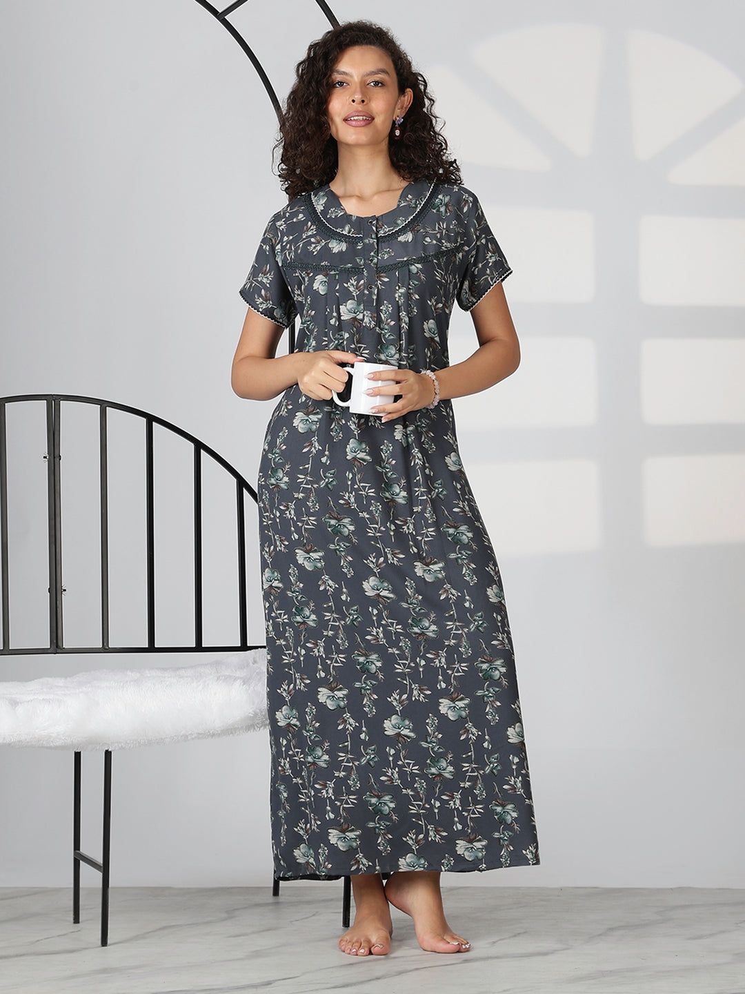 Charcoal grey alpine floral summer nighty for women with short sleeves