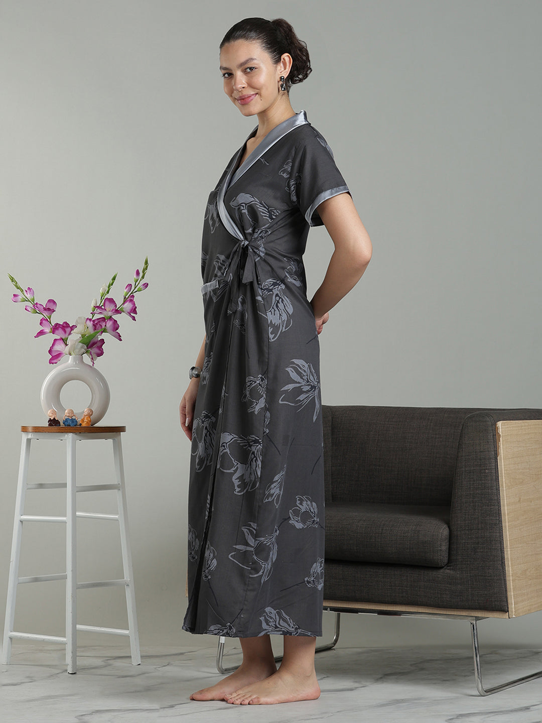 Charcoal mist viscose blend housecoat for women