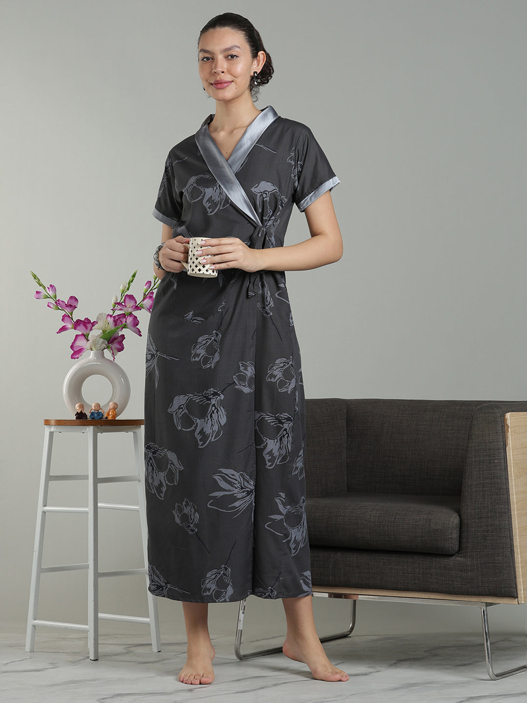 Charcoal mist viscose blend housecoat for women