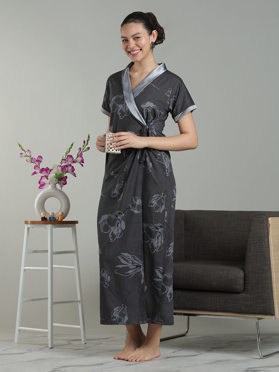 Charcoal mist viscose blend housecoat for women