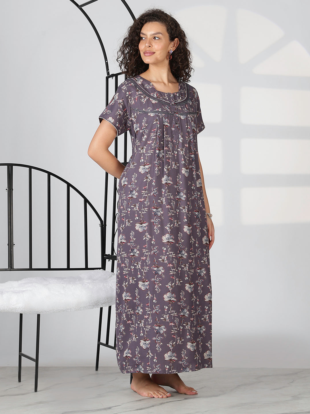 Charcoal lavender alpine floral summer nighty for women