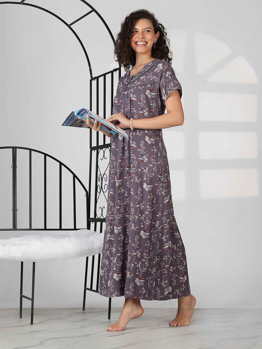 Charcoal lavender alpine floral summer nighty for women