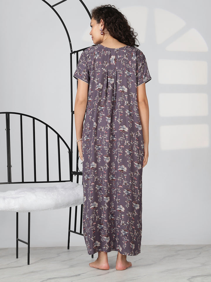 Charcoal lavender alpine floral summer nighty for women