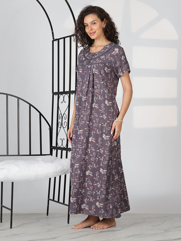 Charcoal lavender alpine floral summer nighty for women