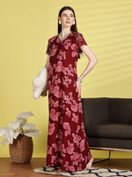 Alpine Floral Print Nighty for Women in Red with Lace Sleeves