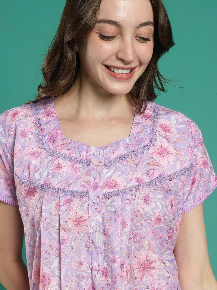 Pink floral 100% pure cotton designer nighty for women