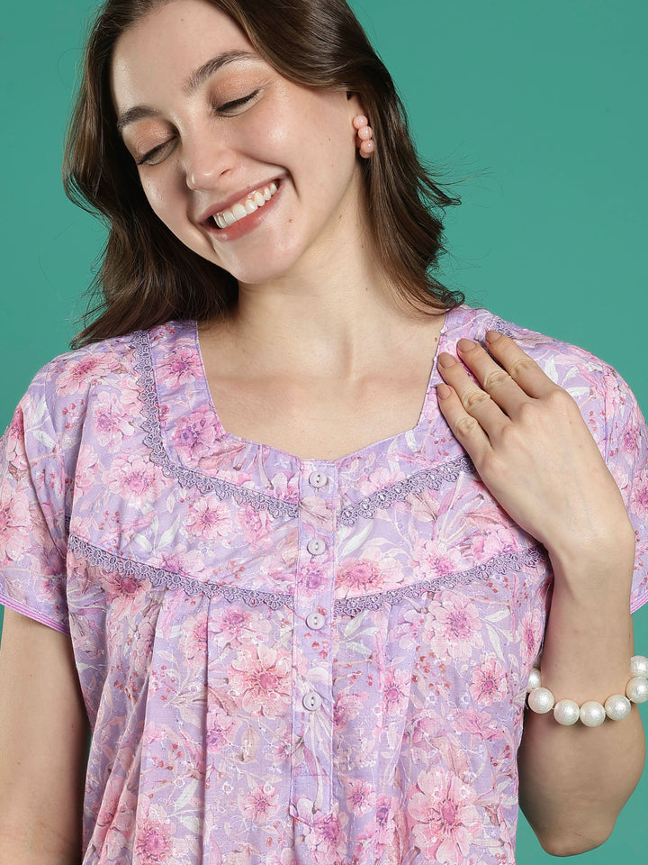 Pink floral 100% pure cotton designer nighty for women