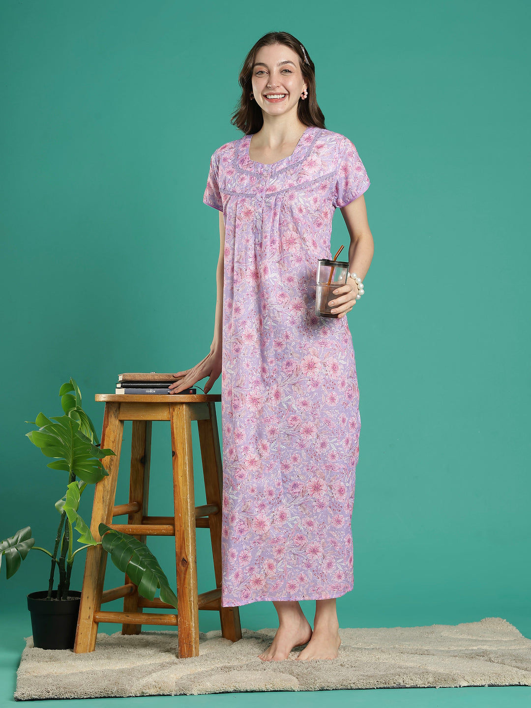 Pink floral 100% pure cotton designer nighty for women