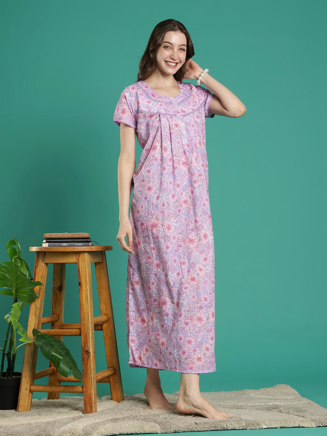 Pink floral 100% pure cotton designer nighty for women