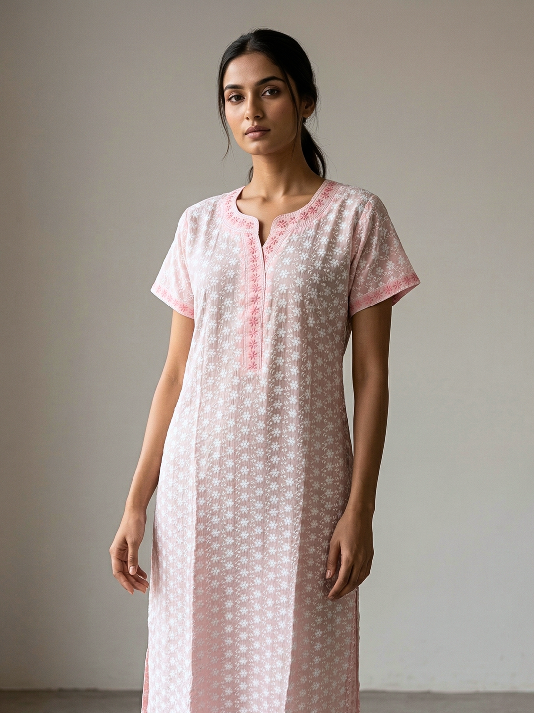 Peach soft cotton chikankari nighty for women