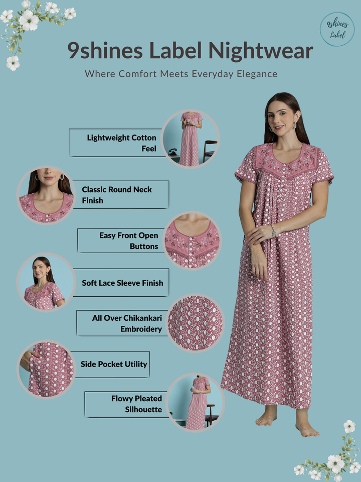 Rose pink chikankari pure cotton nighty for women 
